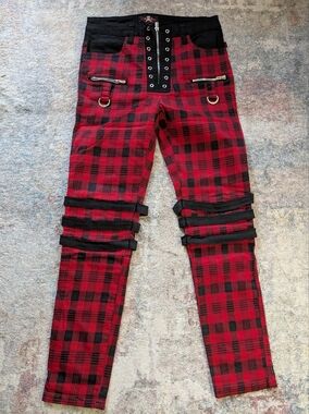 Red and Black Plaid Moto-Style Leggings